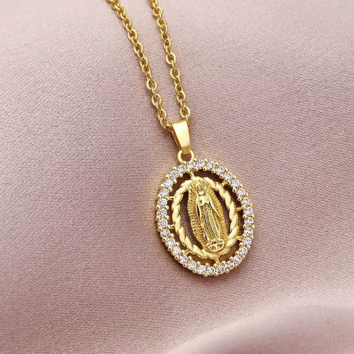 Collier vierge marie pour femmes, pendentif elliptique en Zircon coloré, chaîne de couleur or, mode féminine, croyance, prière, bijoux de fête