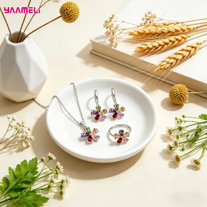 Parure de bijoux en argent sterling 925 véritable, fleurs multicolores étincelantes, élégante, avec 