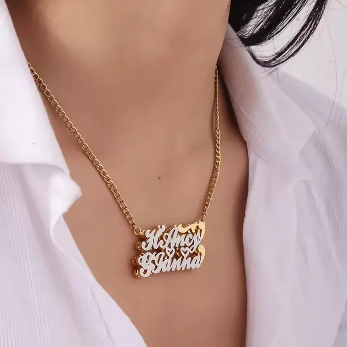Collier double nom personnalisé plaqué or 18 carats