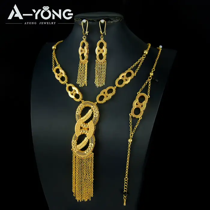 Ensemble de bijoux de mariage de mariée de luxe de dubaï plaqué or 24 carats algérie Premium Vintage Long pendentif