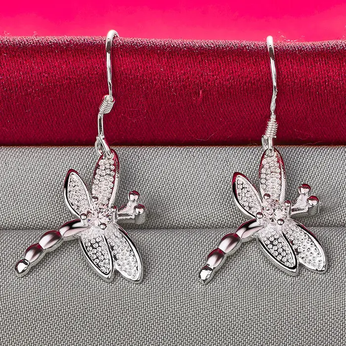 Boucles d'oreilles libellule exquises en argent Sterling 925 de luxe