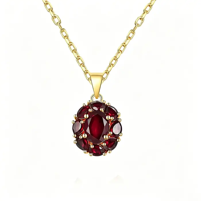 Collier avec pendentif en argent sterling 925, design floral, grenat naturel, pierre de naissance de