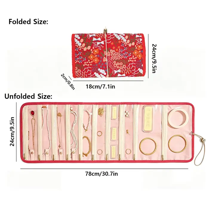 Organisateur de bijoux enroulable brodé de fleurs rouges, rouleau de voyage anti-emmêlement pour col