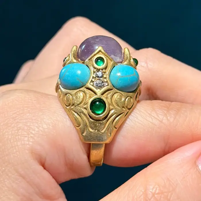 Bagues Turquoise Vintage avec pierre violette naturelle pour femmes