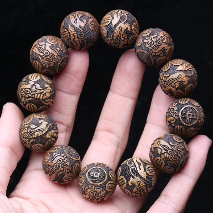 Bracelet en bois naturel sculpté dieu bête richesse Bracelet 20mm hommes perlés