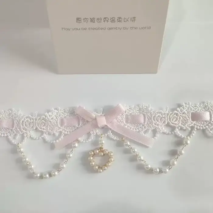 Collier en dentelle style Sweet Lolita avec nœud et perles, accessoires mignons réglables, cadeaux p