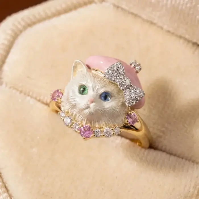 Bague Mignonne et Adorable en Forme de Nœud Papillon, Chaton Rose en Émail, Animaux de Dessin Animé,