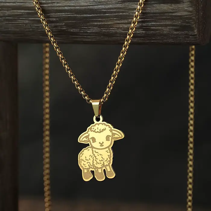 Kinitial-Collier pendentif mouton mignon pour femme, acier inoxydable, agneau, long collier JONeckla