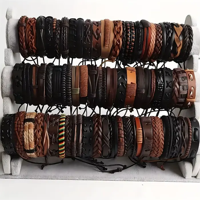 20 pièces Bracelets en cuir tressé pour hommes femmes envelopper perles de bois manchette Bracelet c