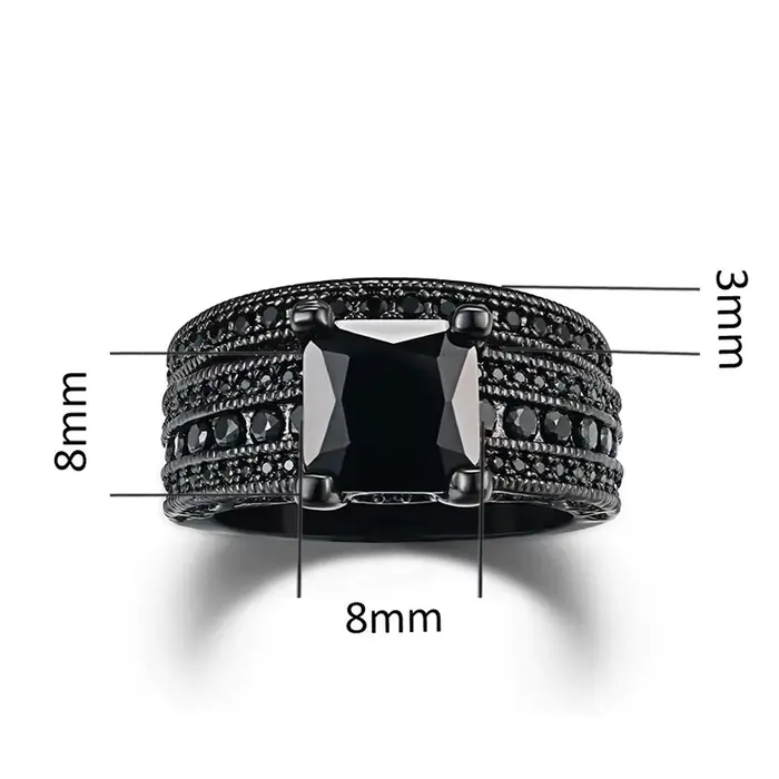 Alliance en zircone cubique noire pour couples à la mode, engagement et Saint Valentin