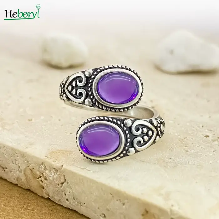 Bague vintage en argent 925 avec améthyste naturelle 6*8mm, anneaux ajustables, motif floral gravé, style bohème, bijoux fins pour femmes
