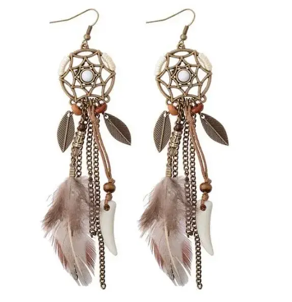 Boho ethnique capteur de rêves plume Antique Long crochet boucles d'oreilles fantaisie à la main cha