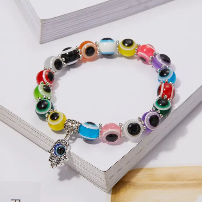 Bracelet mauvais œil bleu main de Fatima dinde mille yeux souhait fait