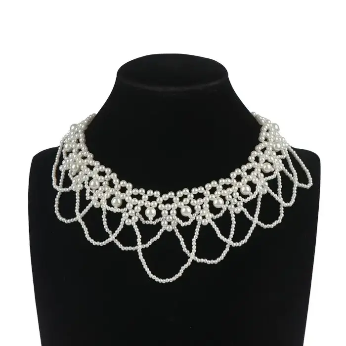 Collier faux col en perles d'imitation, design ajouré, collier bavoir en perles d'imitation, col dét