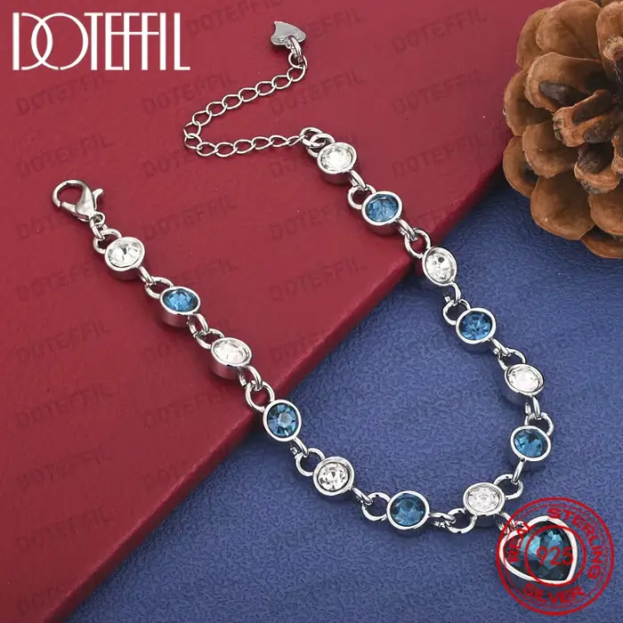 Charmant bracelet en argent sterling 925 en forme de cœur avec zircon bleu et blanc, un cadeau de ma