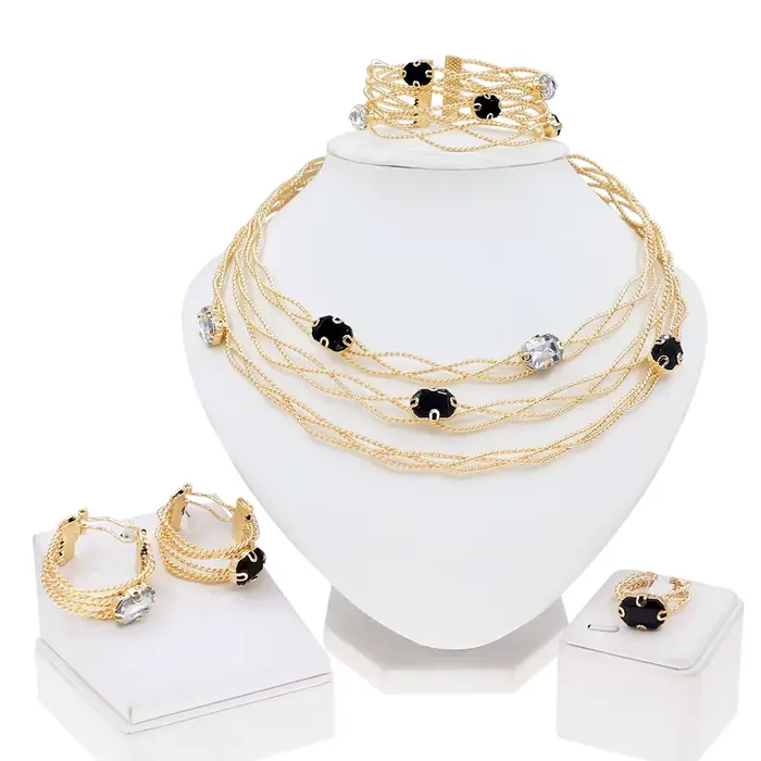 SYBathroom-Ensemble de Bijoux de Luxe pour Femme, Classique, Noir, Blanc, Strass, Plaqué Or, Collier, Bracelet, Original, L 24K