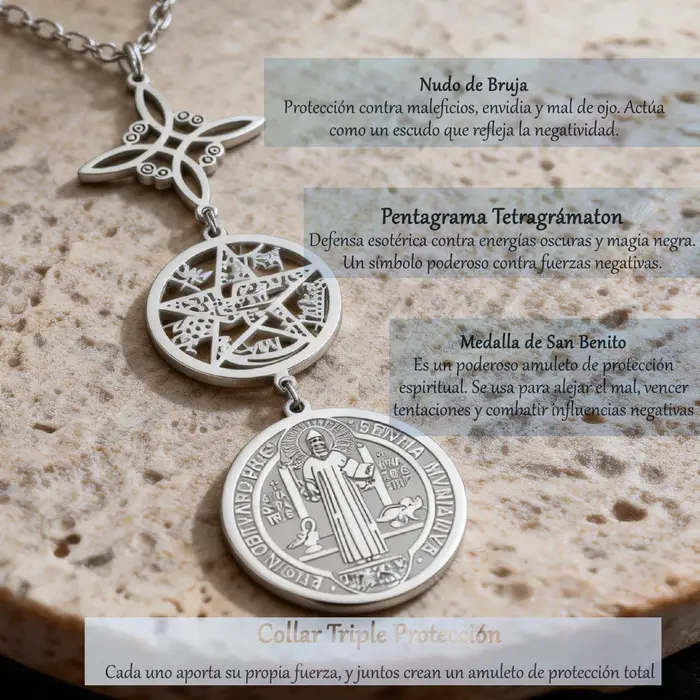 Collier Triple Protection avec Nœud de Sorcière Pentagramme Tétragrammaton Saint Benoit Symbole Spirituel Acier Inoxydable Amulette Bijoux Occasions Spéciales