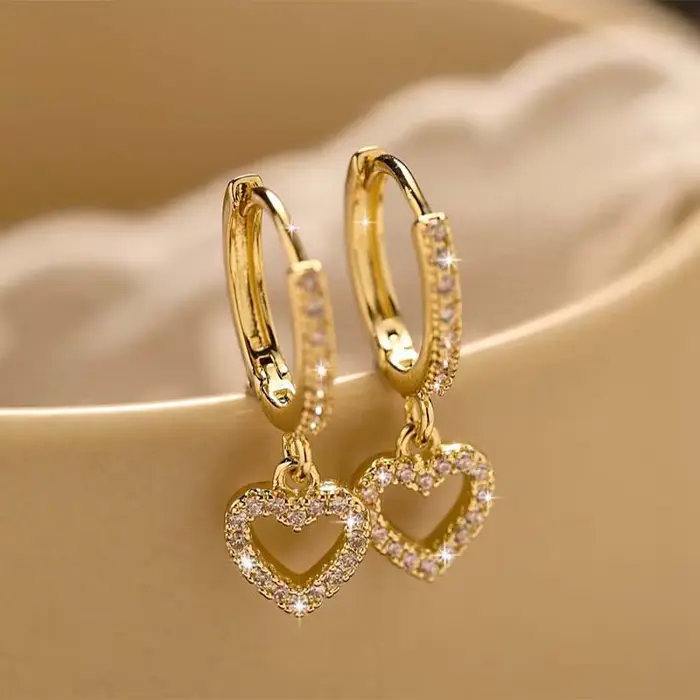 Boucles d'oreilles de luxe en cristal et Zircon pour femmes, pendentif en forme de cœur, couleur or,