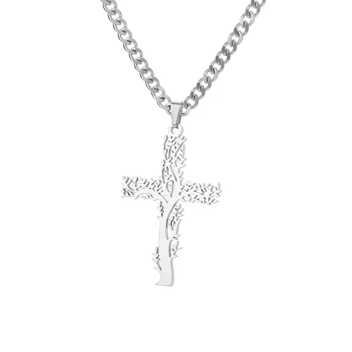 Collier croix arbre de vie pour femmes et hommes, couleur or, chaîne cubaine en acier inoxydable, bi
