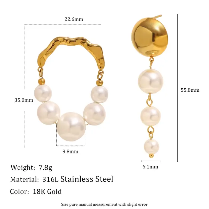 E.B.belle – boucles d'oreilles en perles baroques, Design asymétrique, tendance, en acier inoxydable