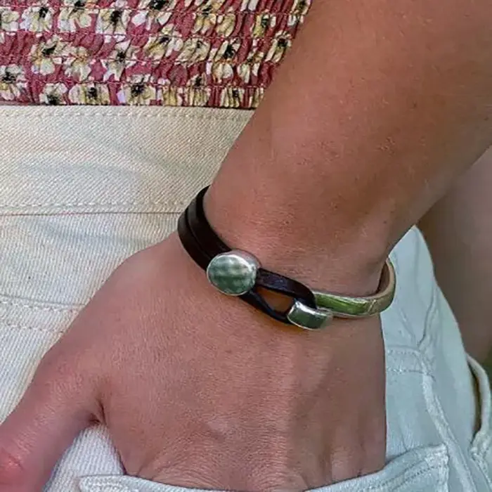 Bracelet rond en cuir PU pour hommes et femmes, bracelets à crochet patchwork argenté, noir, marron,