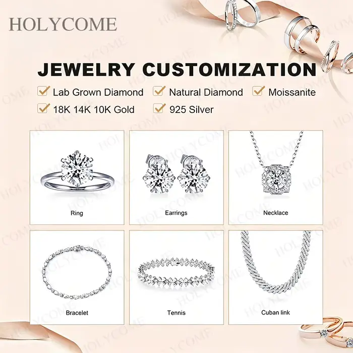 Bagues personnalisées sur mesure en diamant de laboratoire, personnalisables en or massif 9K, 14K, 1