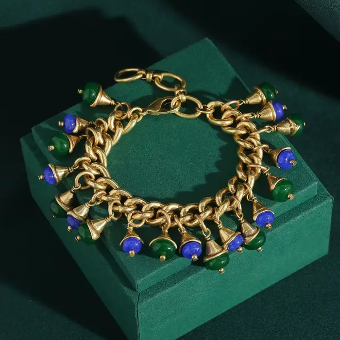 Vintage vert verre fleur goutte bracelets porte-bonheur couleur or tissage chaîne Antique bijoux fem