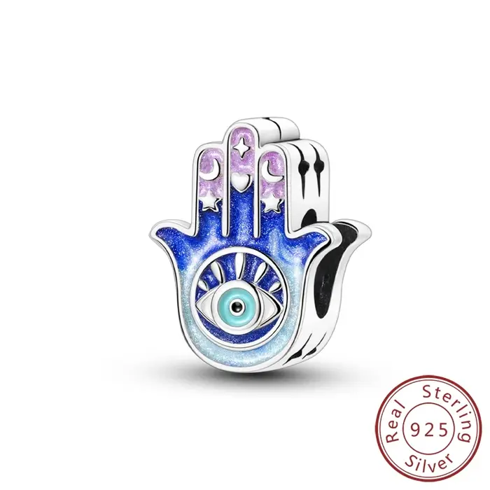 VAMO-100% Sterling Silver Charms Bead, Colorful Hand of Fatima, Original Bracelet, DIY Marking Gift,