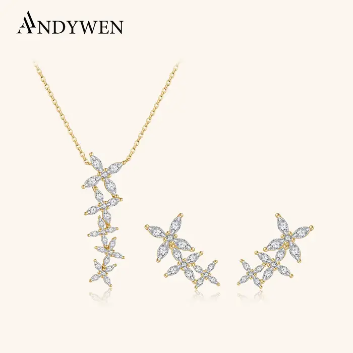 ANDYWEN femmes 925 argent plaqué or fleur CZ Zircon boucles d'oreilles collier de luxe chaîne Fine ensemble de bijoux cadeau de fête de mariage