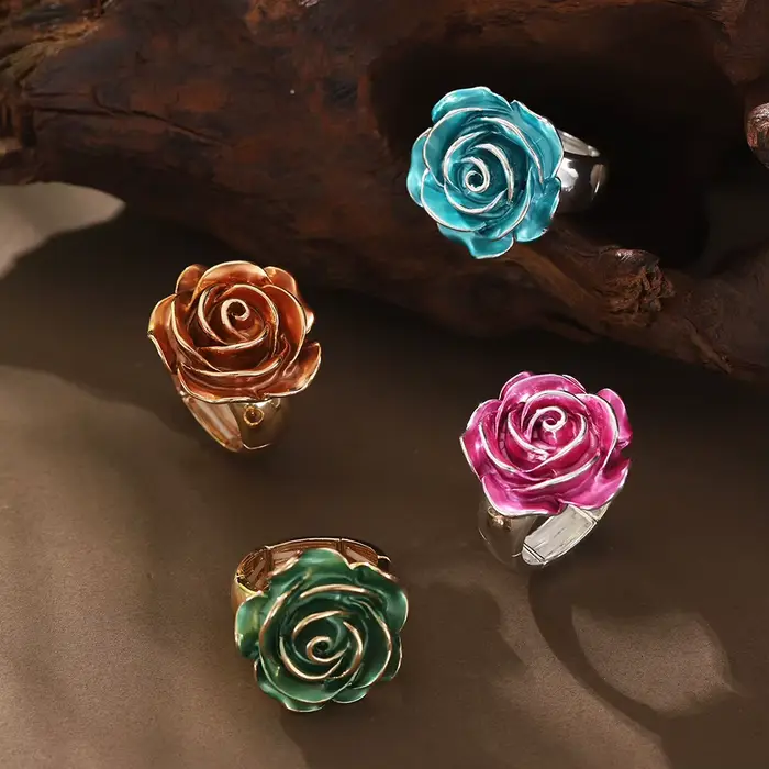 Cring Coco Rose Bague en Émail pour Femme, Breloque Élégante, Plante Réglable, Bijoux à la Mode, Cadeau de Noël