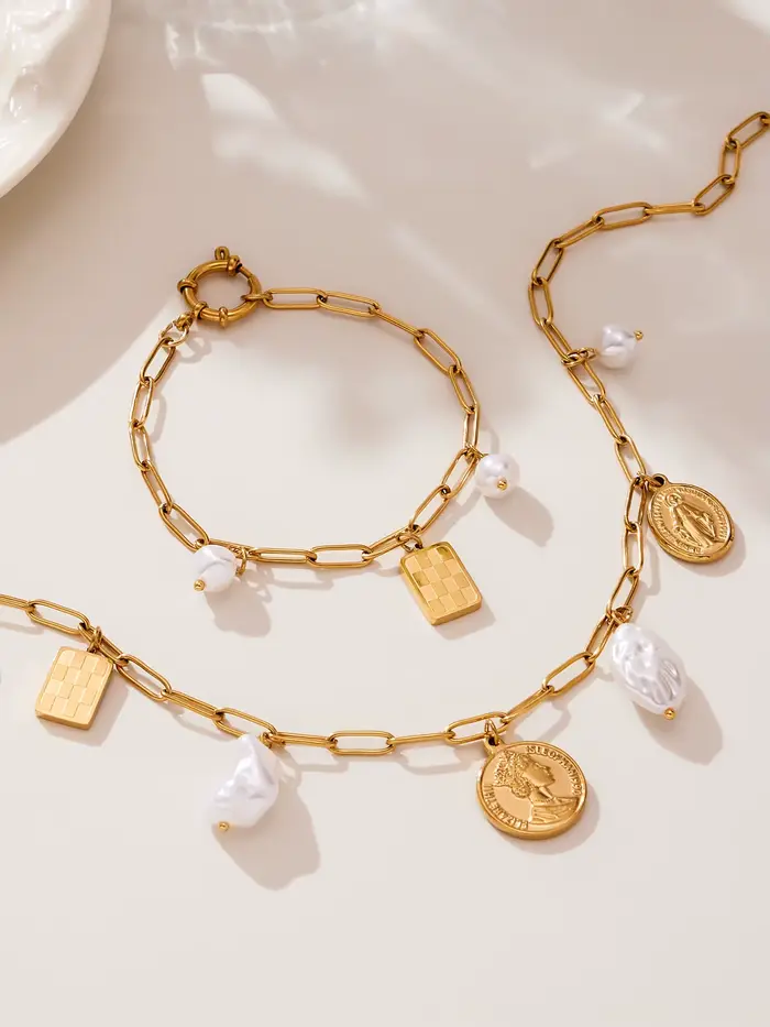 Liora Style coréen Imitation perle pendentif breloques colliers Bracelets pour Femme chaîne en acier inoxydable