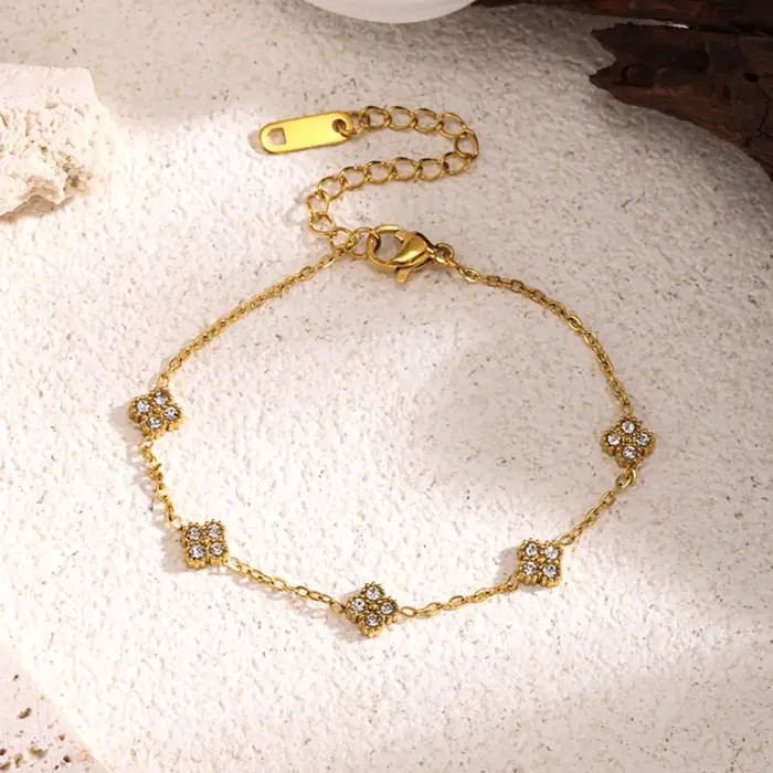 Bracelet de luxe en zircon couleur or avec motif floral - Bijoux en acier inoxydable pour femme, hyp