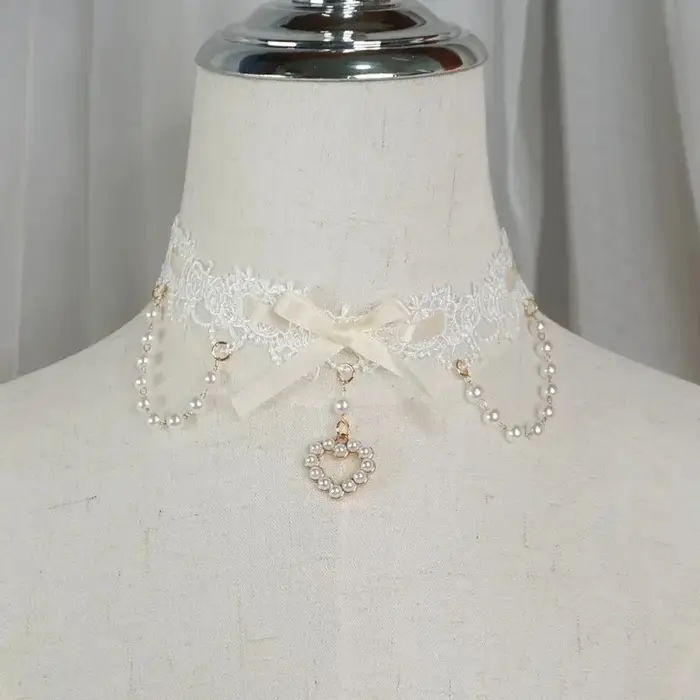 Collier en dentelle perlée Sweet Lolita Y2K avec ruban pour femme