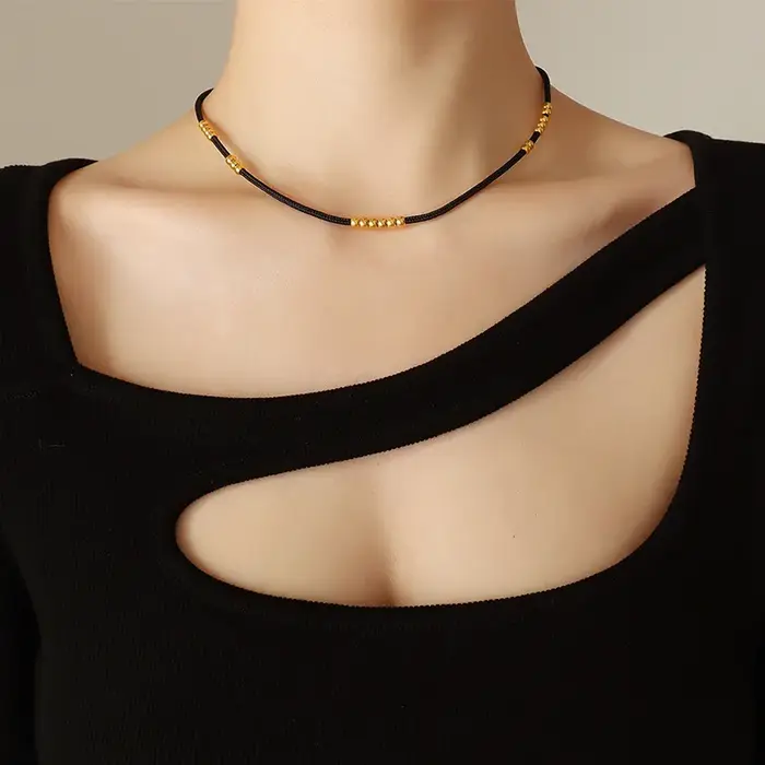 Collier en corde de tissu noir avec perles en acier inoxydable, accessoire de mode Lolita pour femme