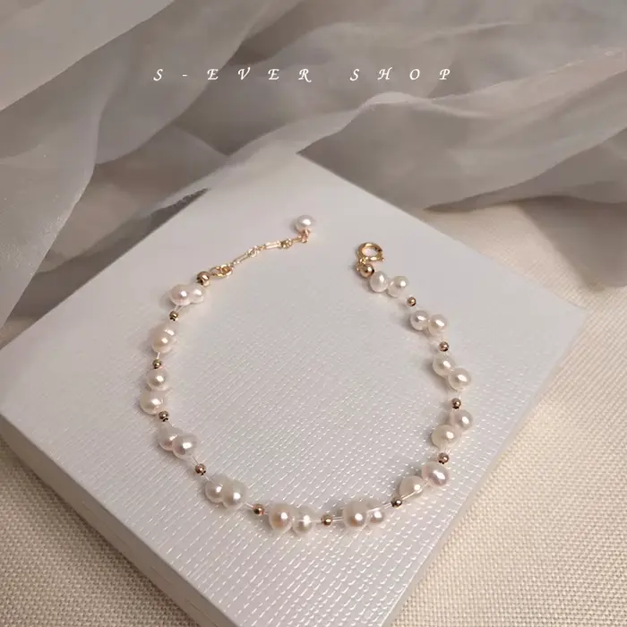 Bracelet rempli d'or 14 carats pour femme, 100% naturel, perle d'eau douce, fleur de mode, bijoux en