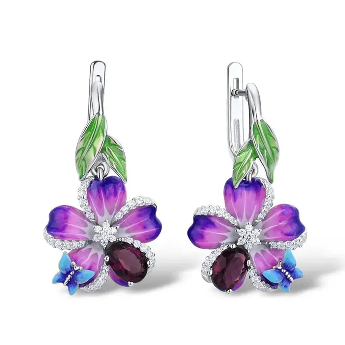 Boucles d'oreilles en argent 925 faites à la main pour femme, bijoux en émail, fleur violette, papil