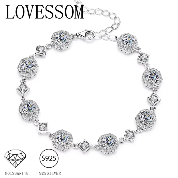 Bracelet LOVESSOM en argent sterling 925 avec moissanite ronde pour mariage et occasions spéciales