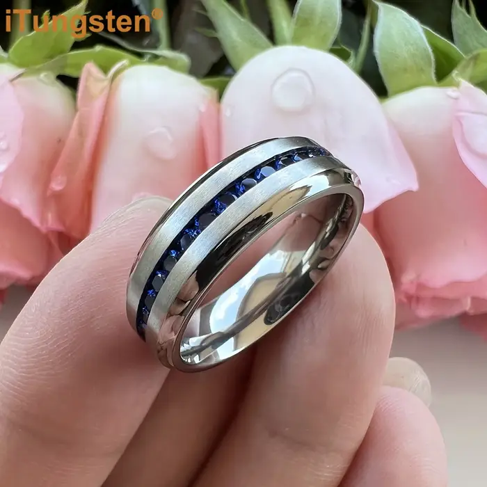 ITungsten 7mm titane brillant pour toujours bague pour femmes hommes bleu zircon cubique CZ incrustation mode éternité fiançailles alliance