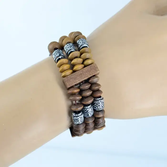 Bracelet perlé en bois ethnique pour homme et femme style traditionnel perles rondes à lacets bijou mode ocassions spéciales
