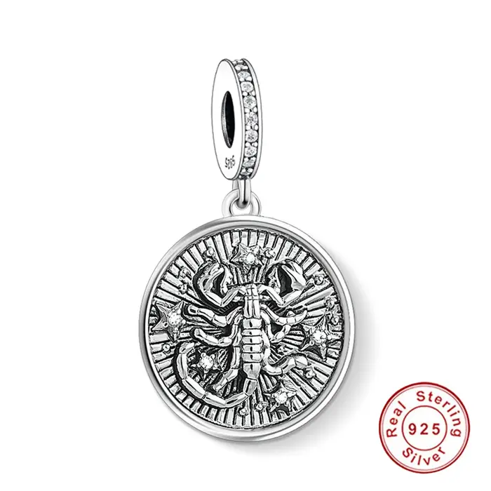 Original Pendentif Charme Badge 12 Constellations en Argent Sterling 925 et Zircon