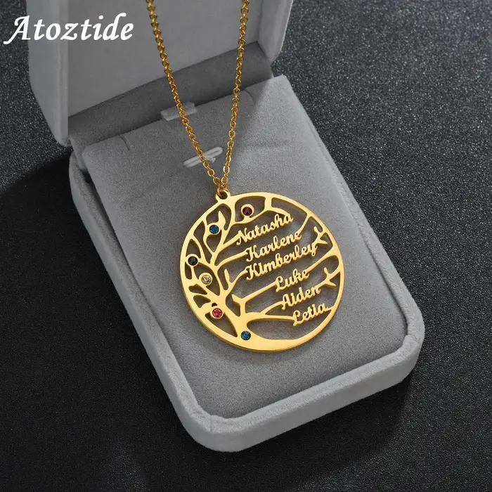 Arbre de vie famille 1-6 noms collier personnalisé en acier inoxydable plaque signalétique d'été avec pierre de naissance pour femmes hommes cadeau d'anniversaire
