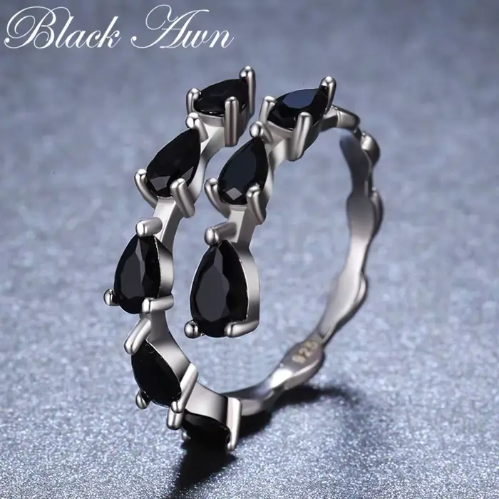 Bague de fiançailles tendance en argent noir avec spinelle noire pour femme, collection 2026, bijoux