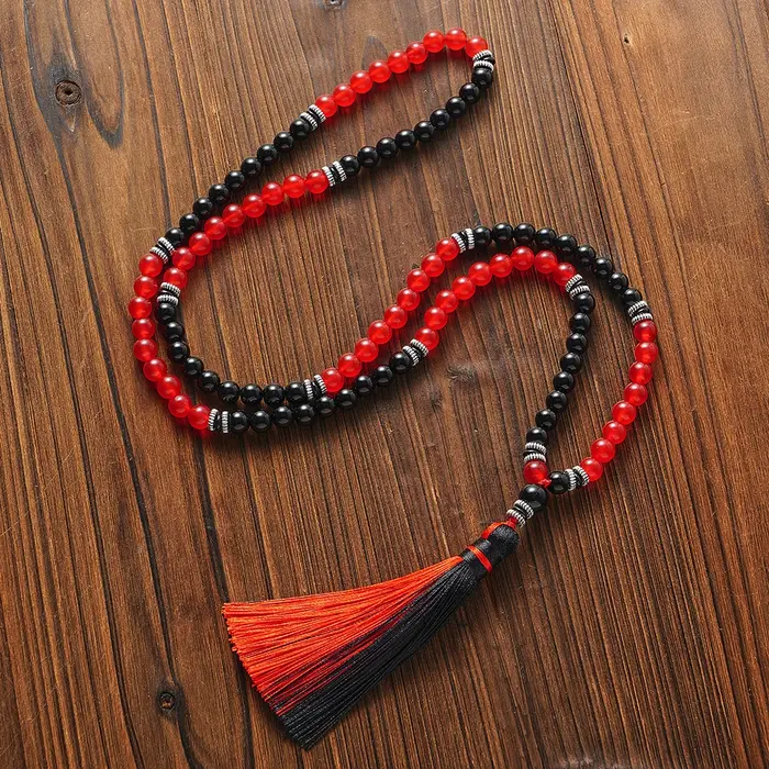 Collier Mala 108 perles pour hommes et femmes, 8 mm, agate rouge, perles d'onyx noir, méditation, yo