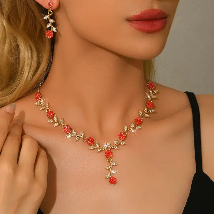 Parure de bijoux Collier et Boucles d'oreilles Feuille et Fleur Romantiques, Accessoires Polyvalents