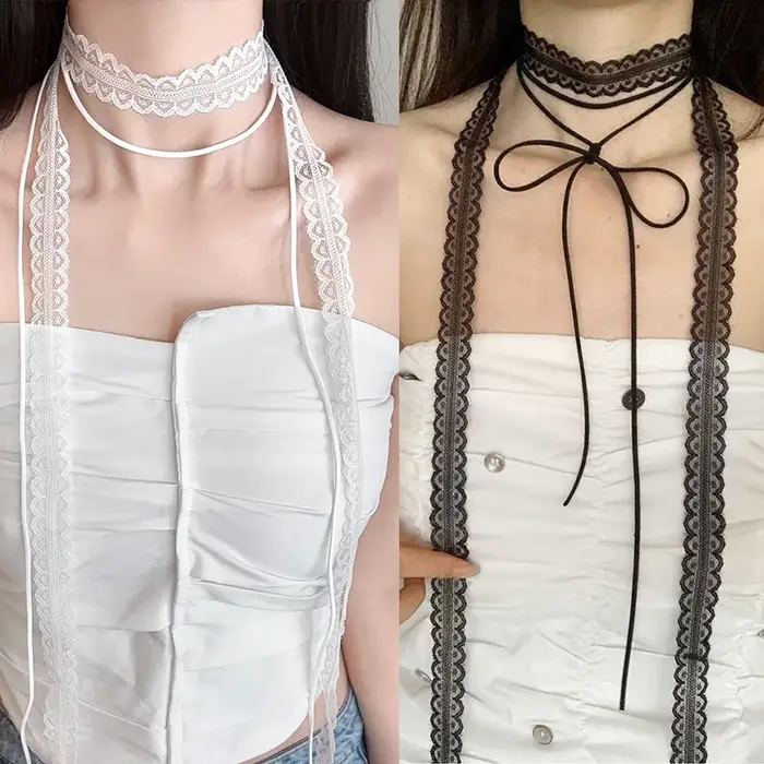 Collier en dentelle noir et blanc double couche style bohème pour femmes et filles