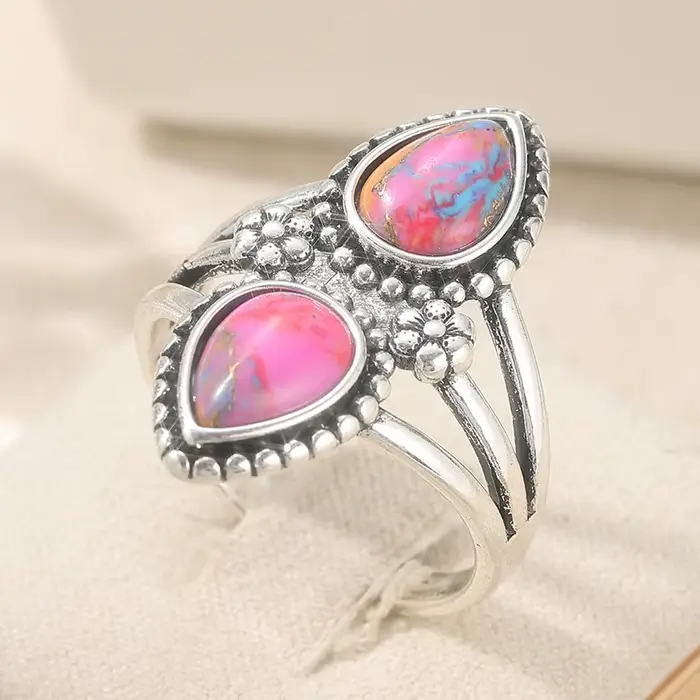 Bague en turquoise synthétique en forme de goutte d'eau de style bohème pour femme, bijoux vintage e