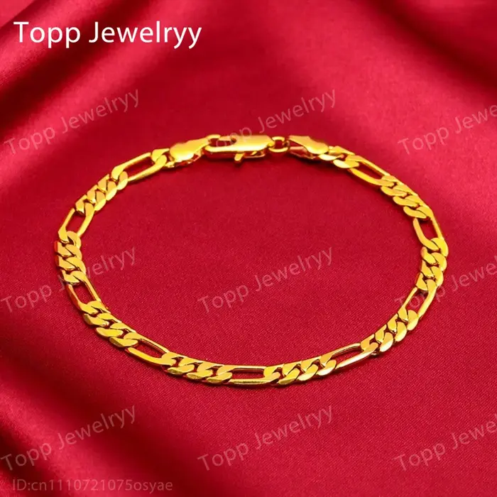 Bracelet Chaîne Figaro Argent Sterling 925 Plaqué Or 18 Carats 4mm Occasions Spéciales Hommes Femmes