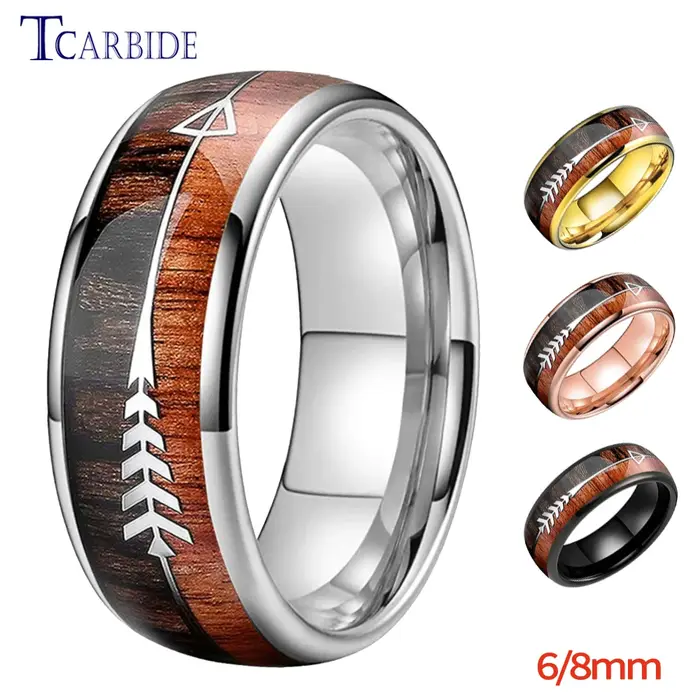 Bague en carbure de tungstène 6MM 8MM pour hommes et femmes avec incrustation double bois et flèche en acier