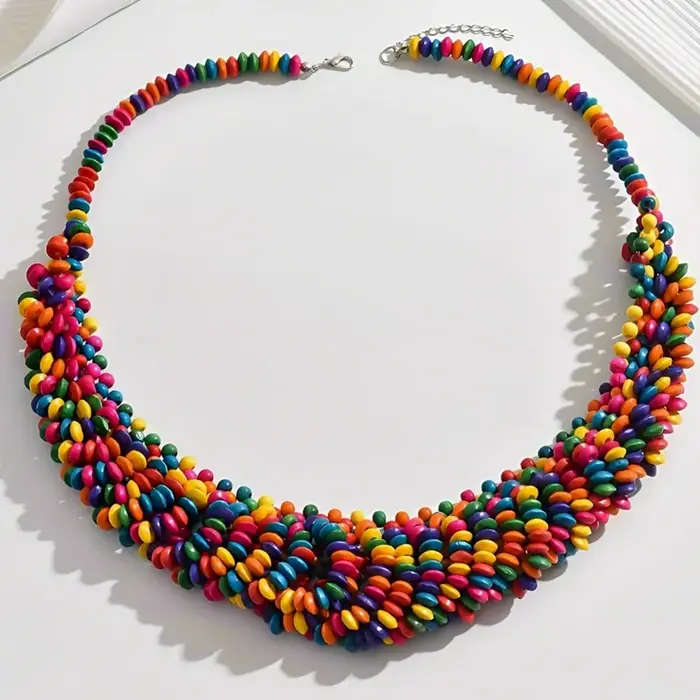 Collier bohème en perles de bois colorées pour femmes, tissé à la main, collier de déclaration perlé