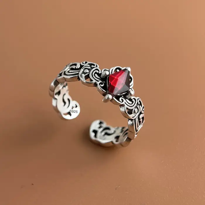 Bagues en argent Sterling 925 pour femmes, Vintage, fait à la main, réglable, en Zircon rouge, à la 